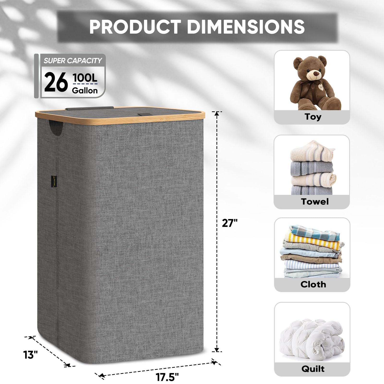 Baleine Laundry Hamper With Lid, Tall Laundry Baskets With Bamboo Pull Handles, Large Laundry Bin With Internal Support (26 Gal/